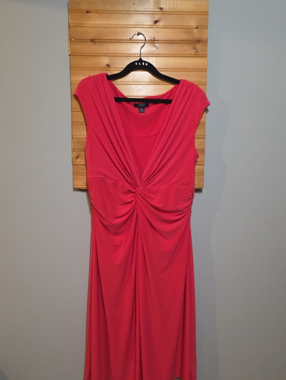 Chaps Dress XL Red Coral Twist Knot Ruched‎ Cap Sleeve Stretch Formal